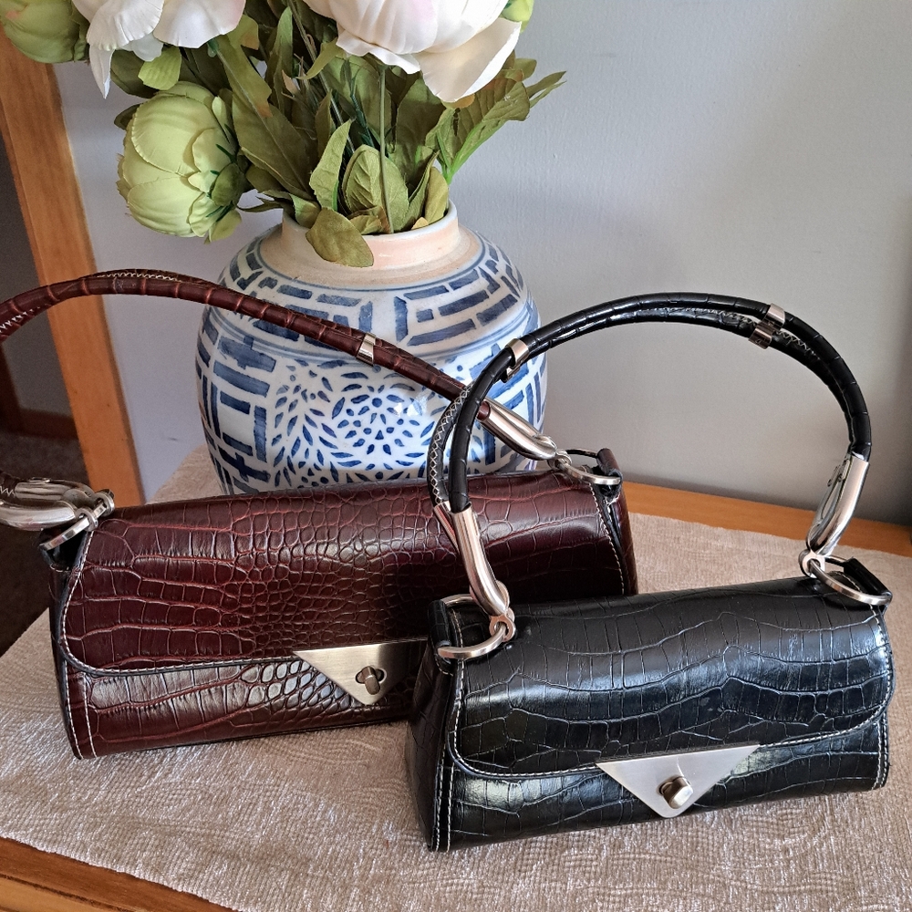Black Croc-Embossed Leather Shoulder Bag